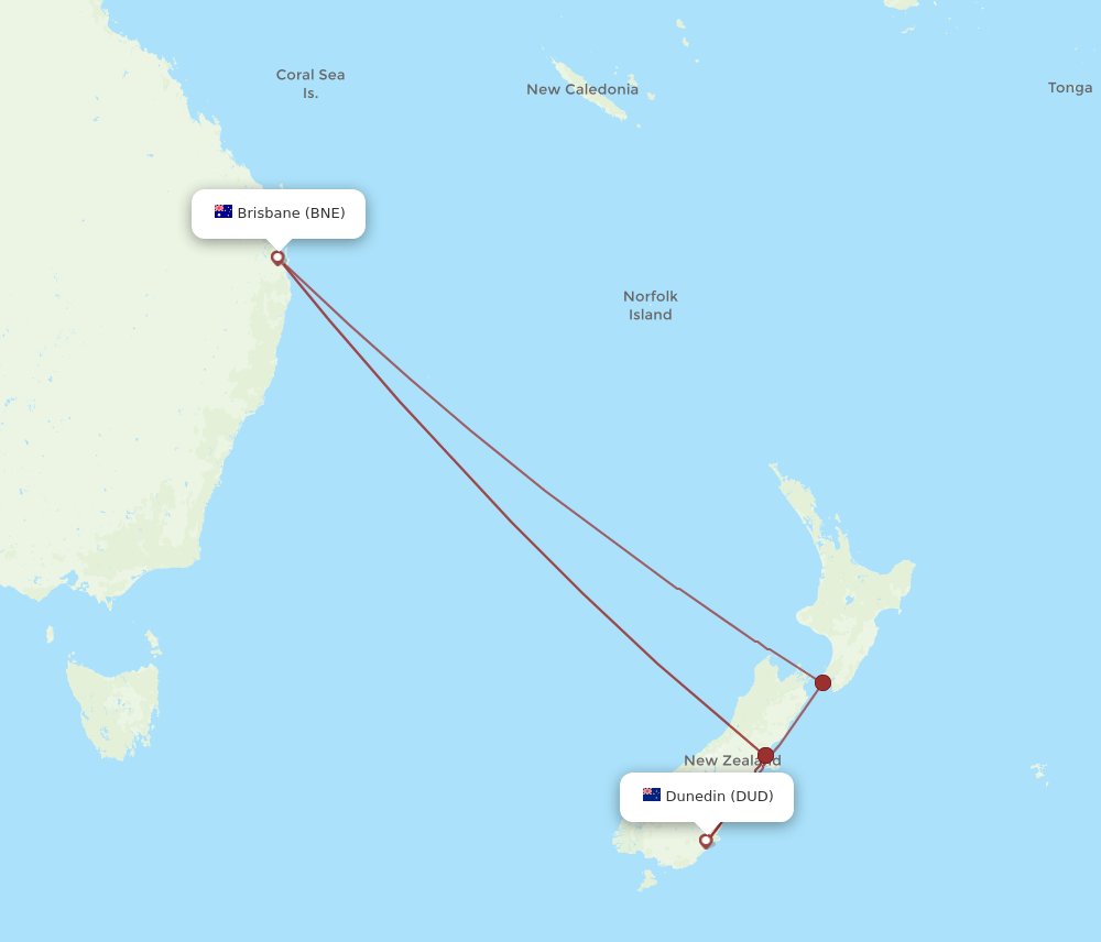 DUD-BNE flight routes