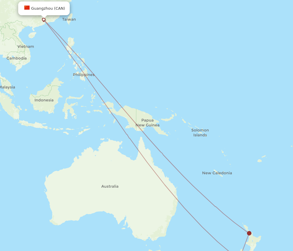 Guangzhou - Dunedin route map and flight paths