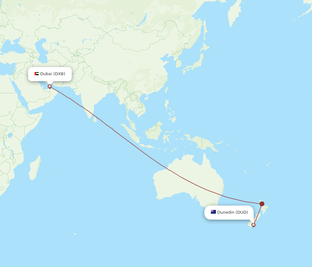 DUD to DXB flights and routes map