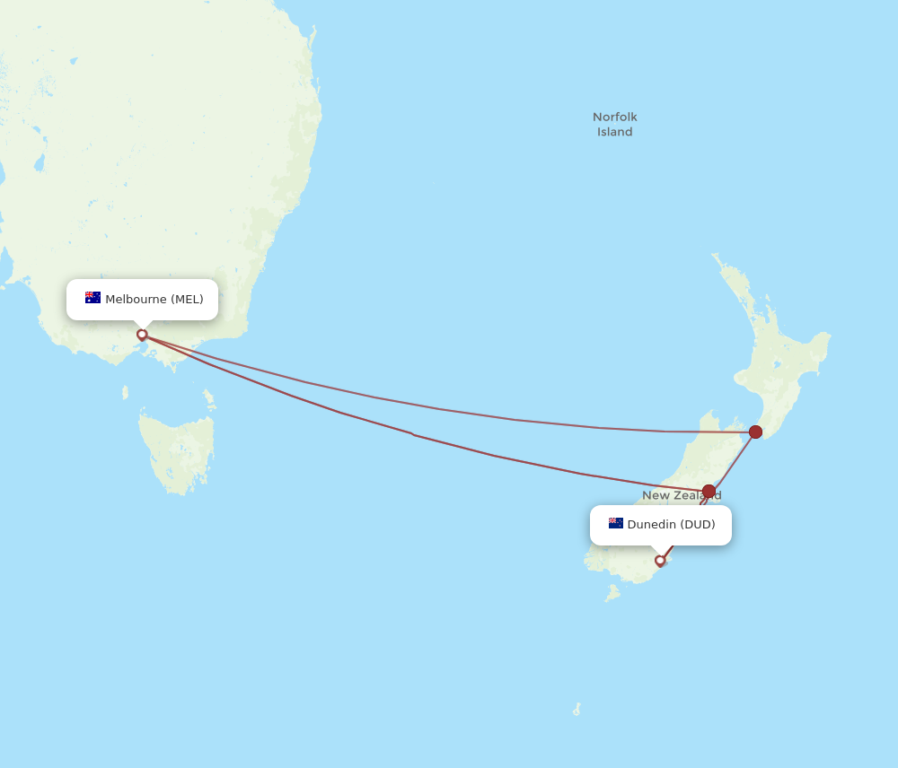 DUD to MEL flights and routes map