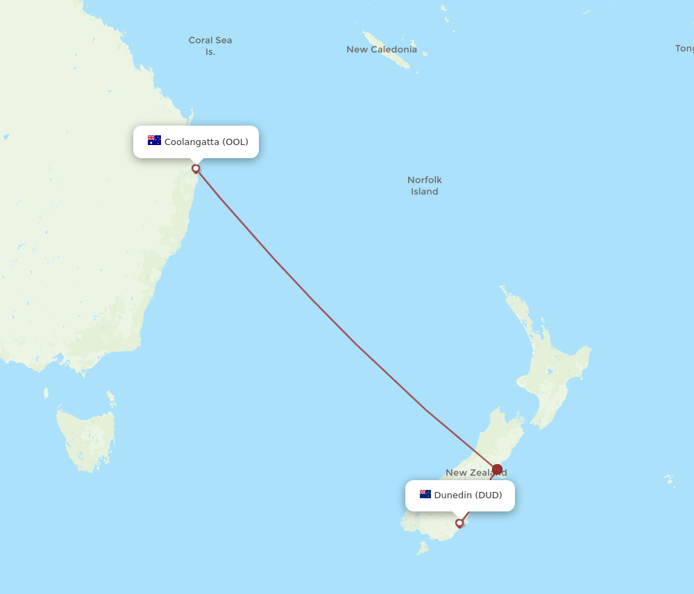 DUD to OOL flights and routes map