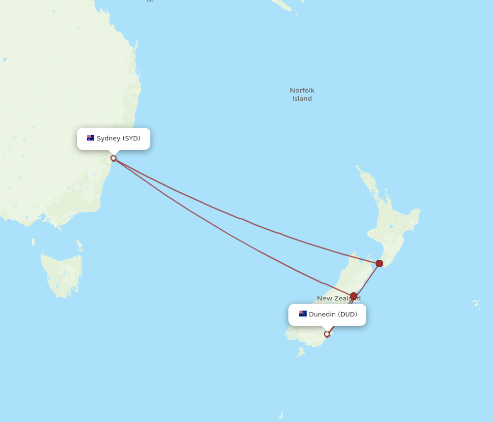 DUD-SYD flight routes