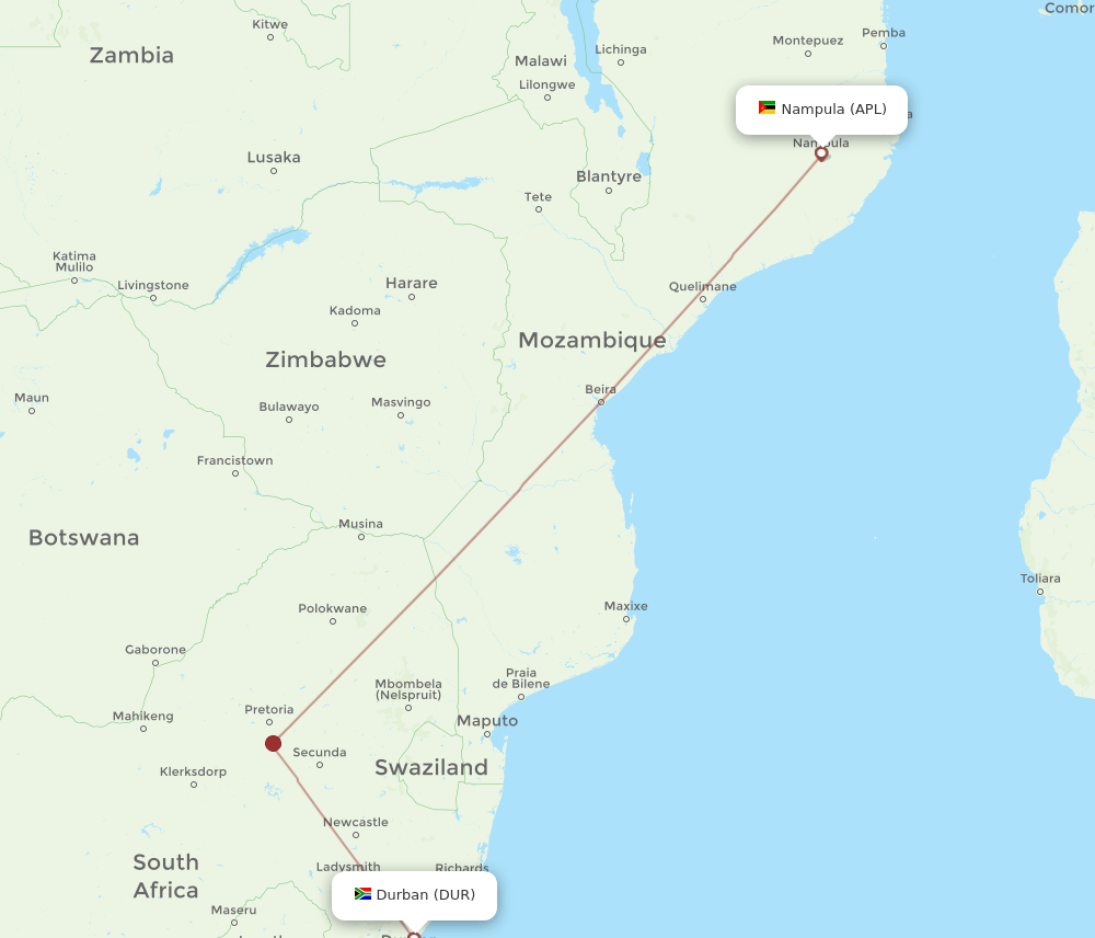 Nampula - Durban route map and flight paths