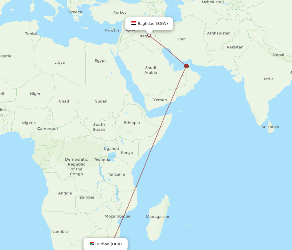 Baghdad - Durban route map and flight paths
