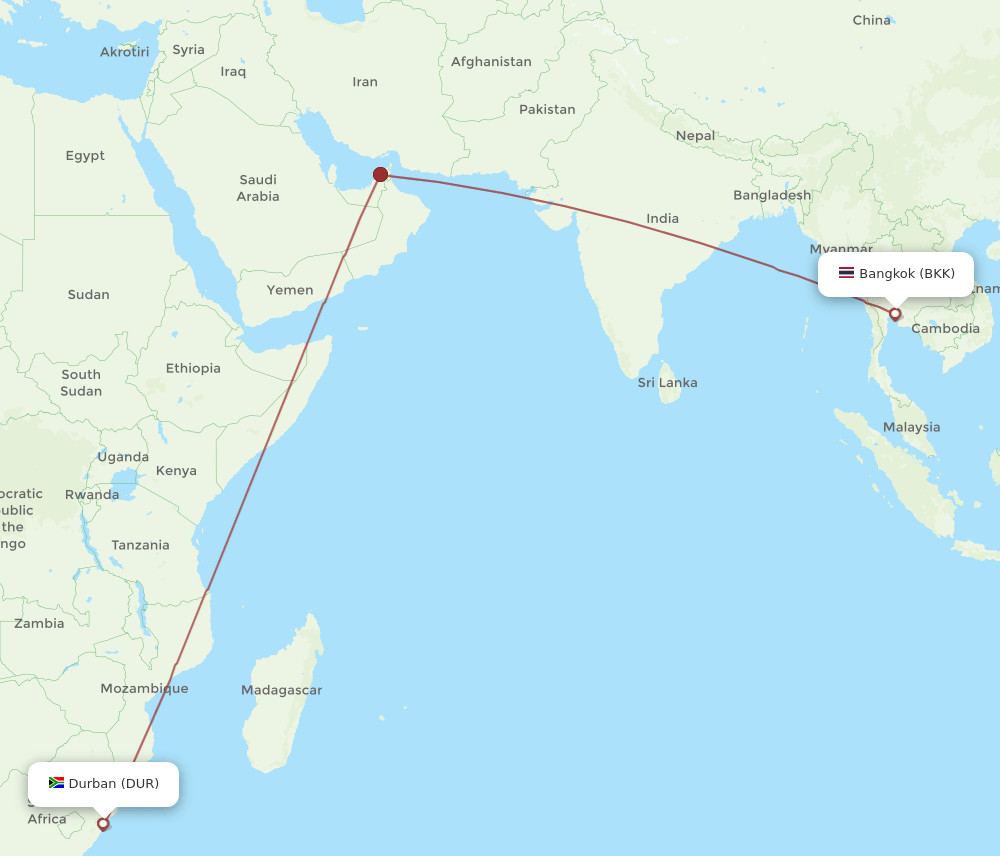 Bangkok - Durban route map and flight paths