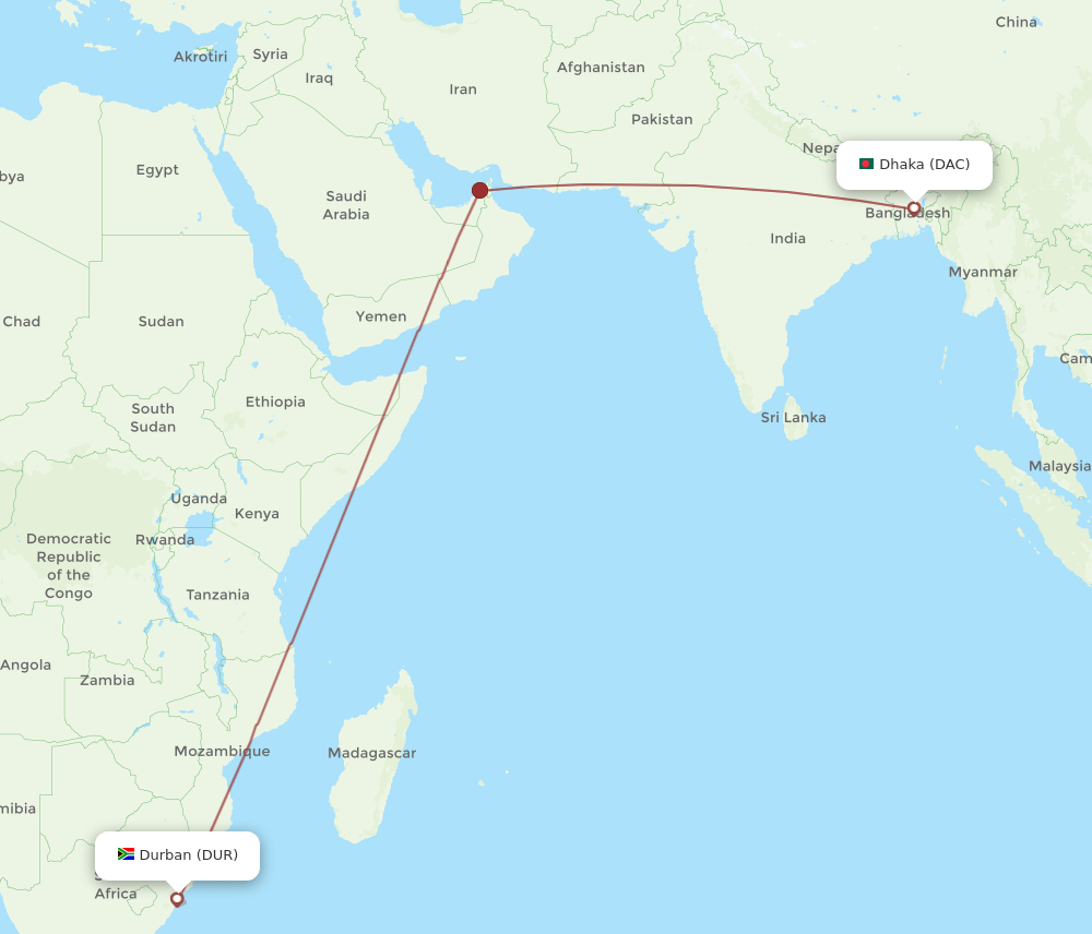 DAC to DUR flights and routes map