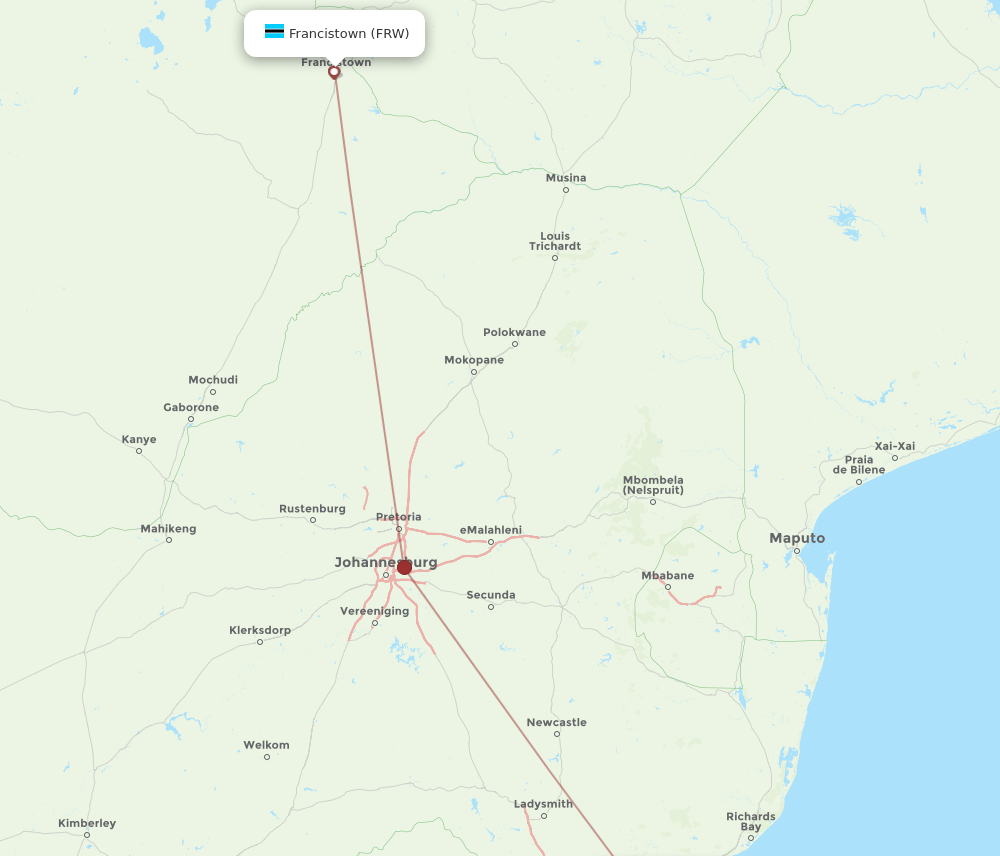 Francistown - Durban route map and flight paths