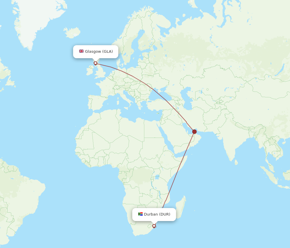 DUR to GLA flights and routes map