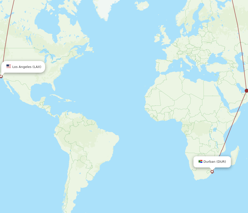 Los Angeles - Durban route map and flight paths