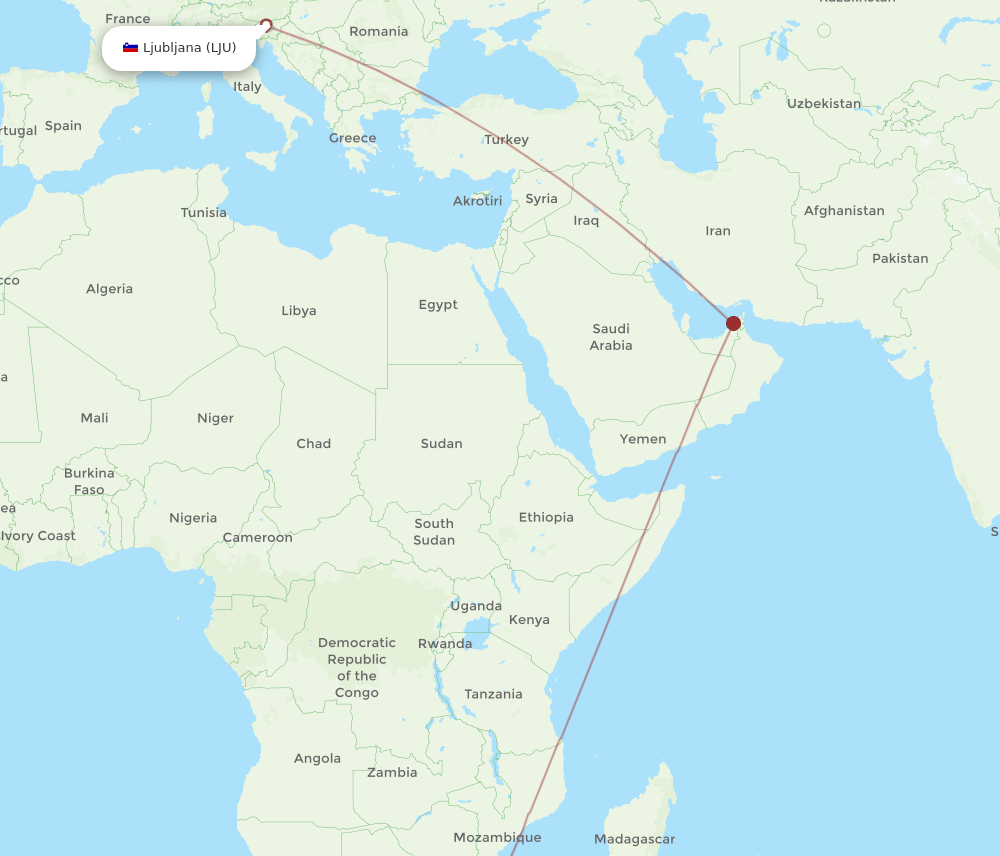 Ljubljana - Durban route map and flight paths