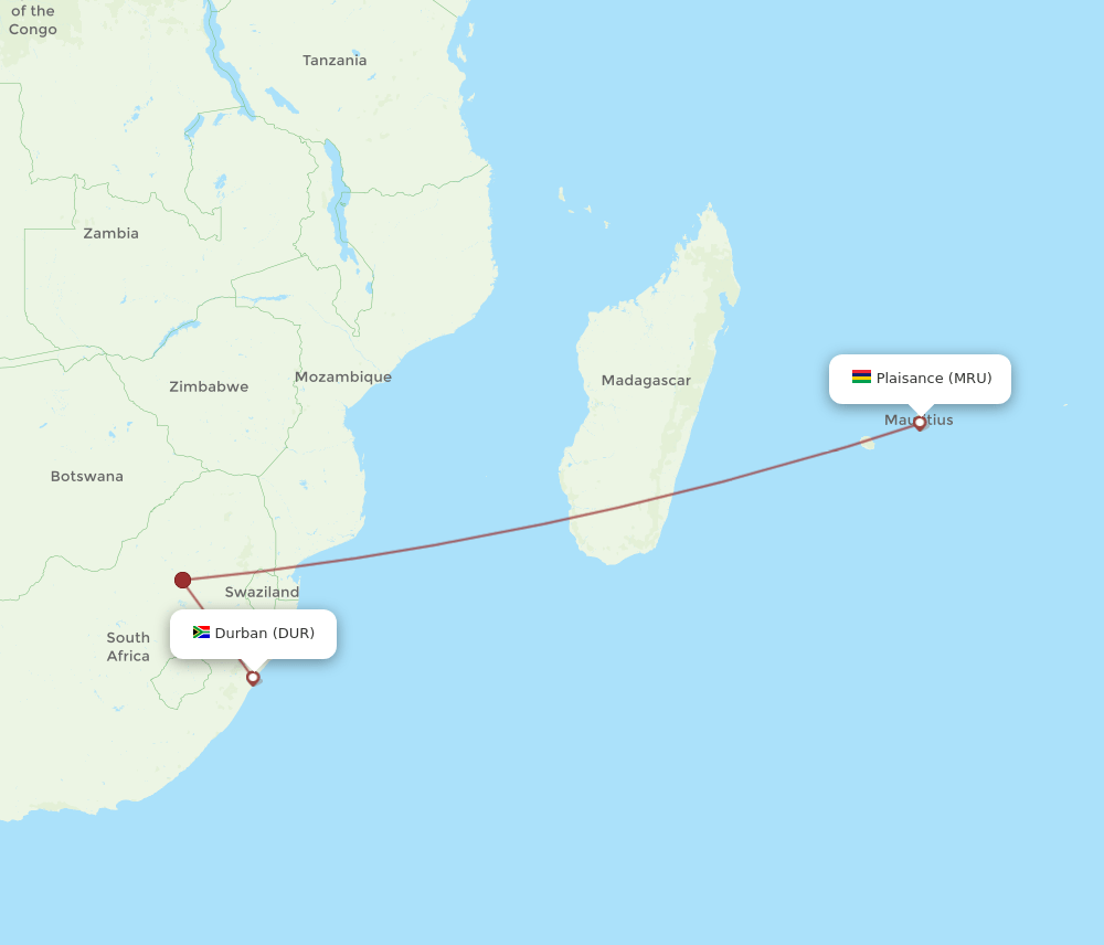 DUR to MRU flights and routes map