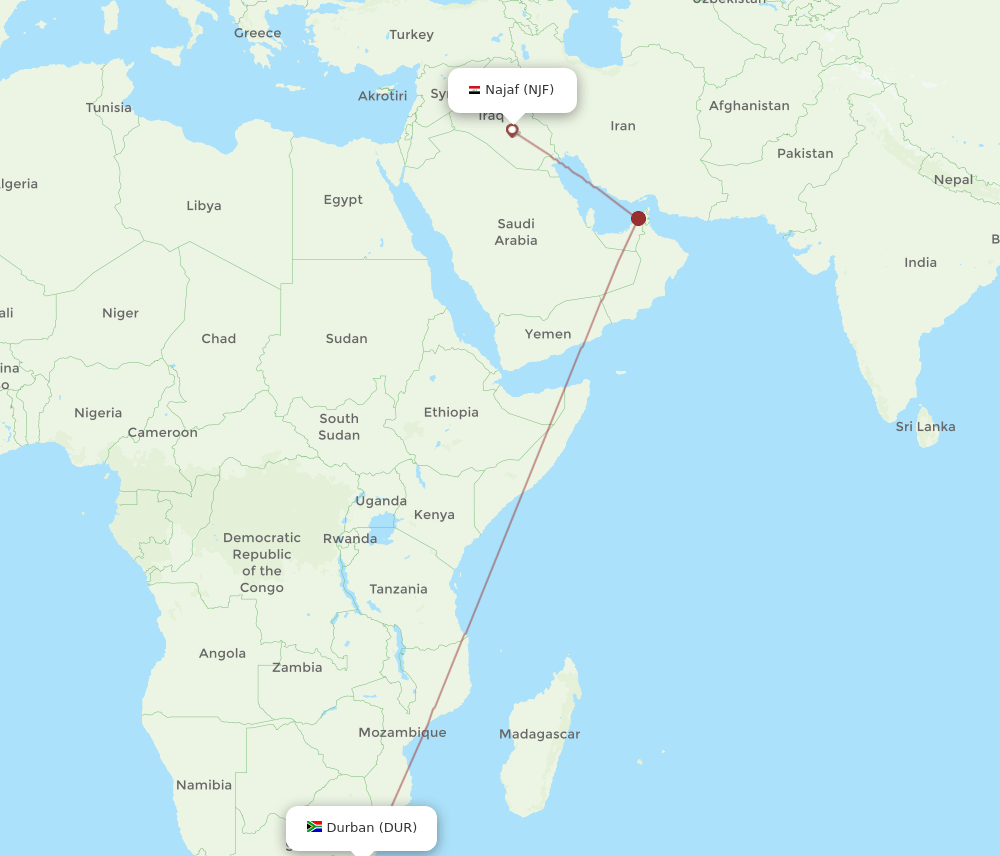 NJF to DUR flights and routes map