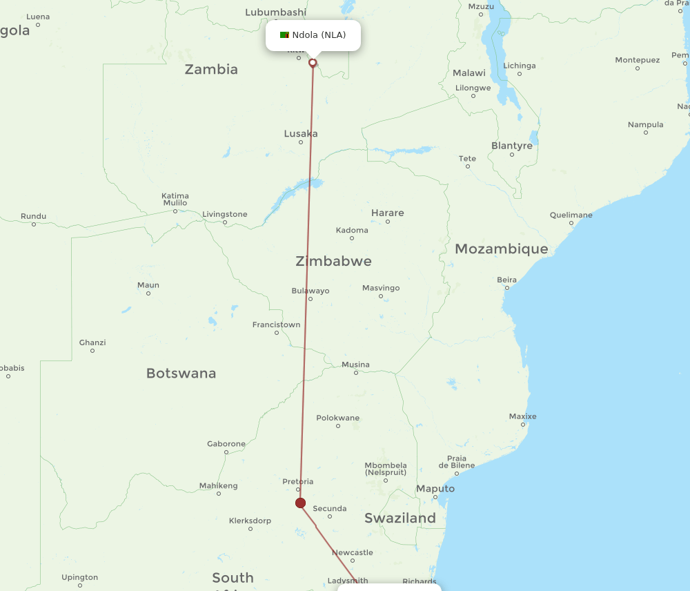 DUR to NLA flights and routes map