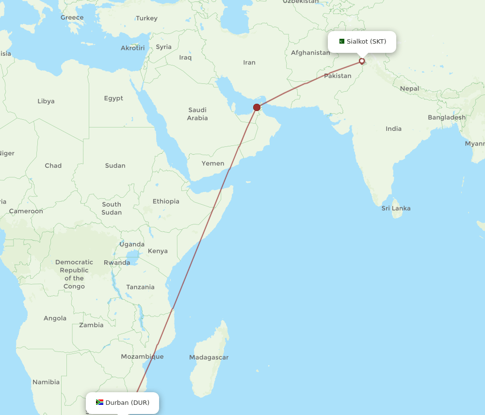 Durban - Sialkot route map and flight paths