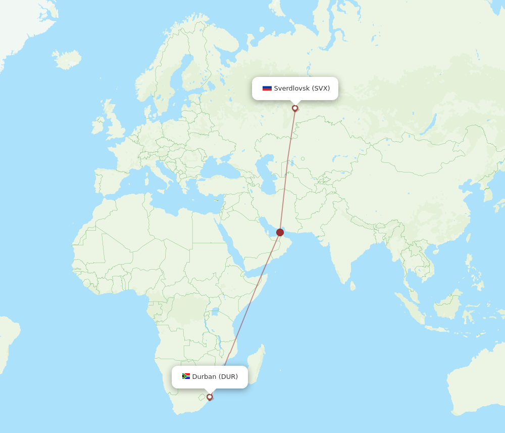 Yekaterinburg - Durban route map and flight paths
