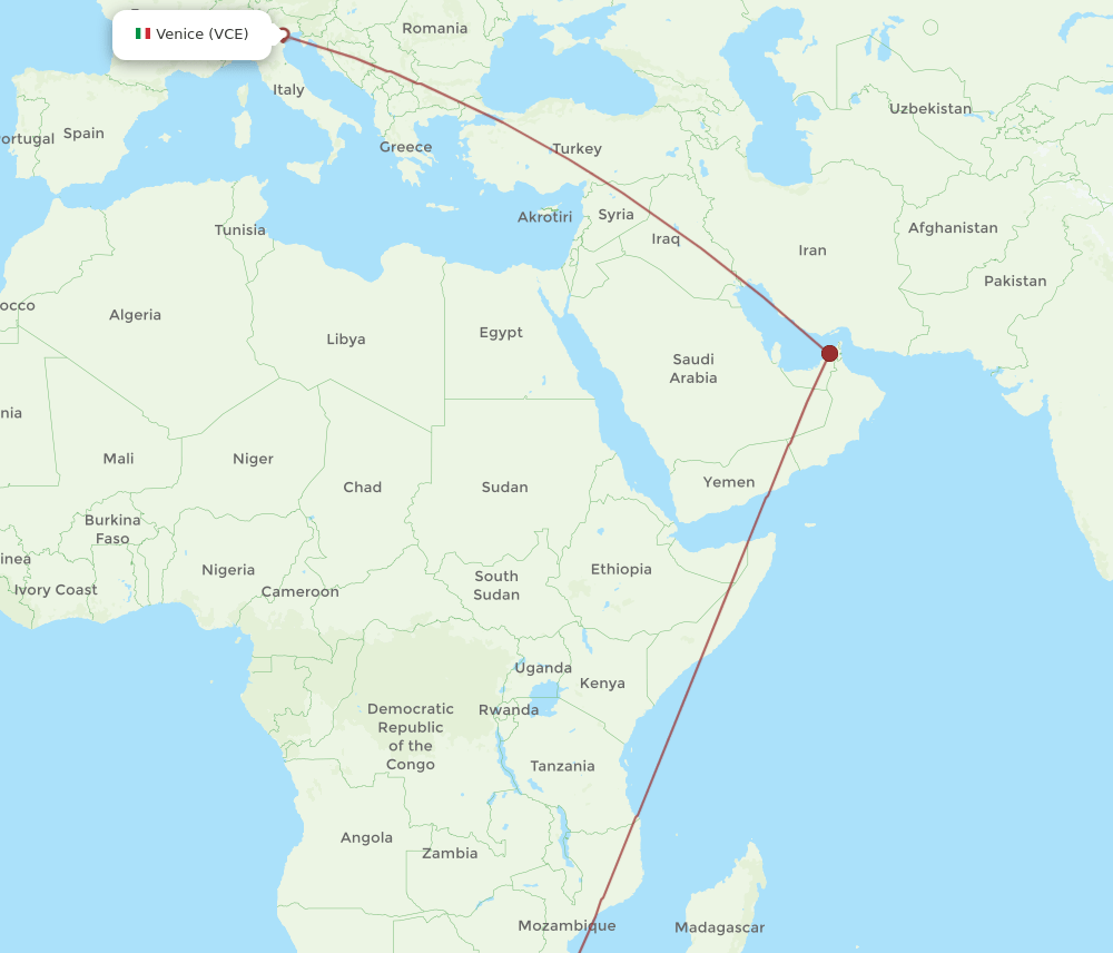 Venice - Durban route map and flight paths