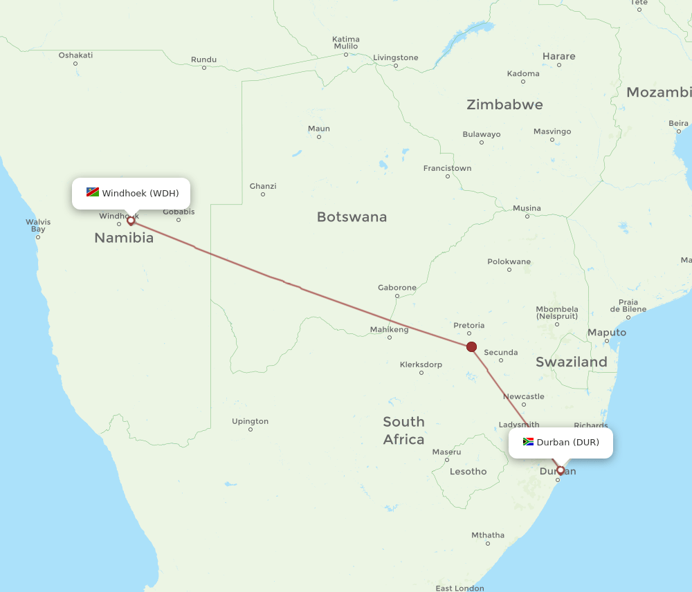 DUR to WDH flights and routes map