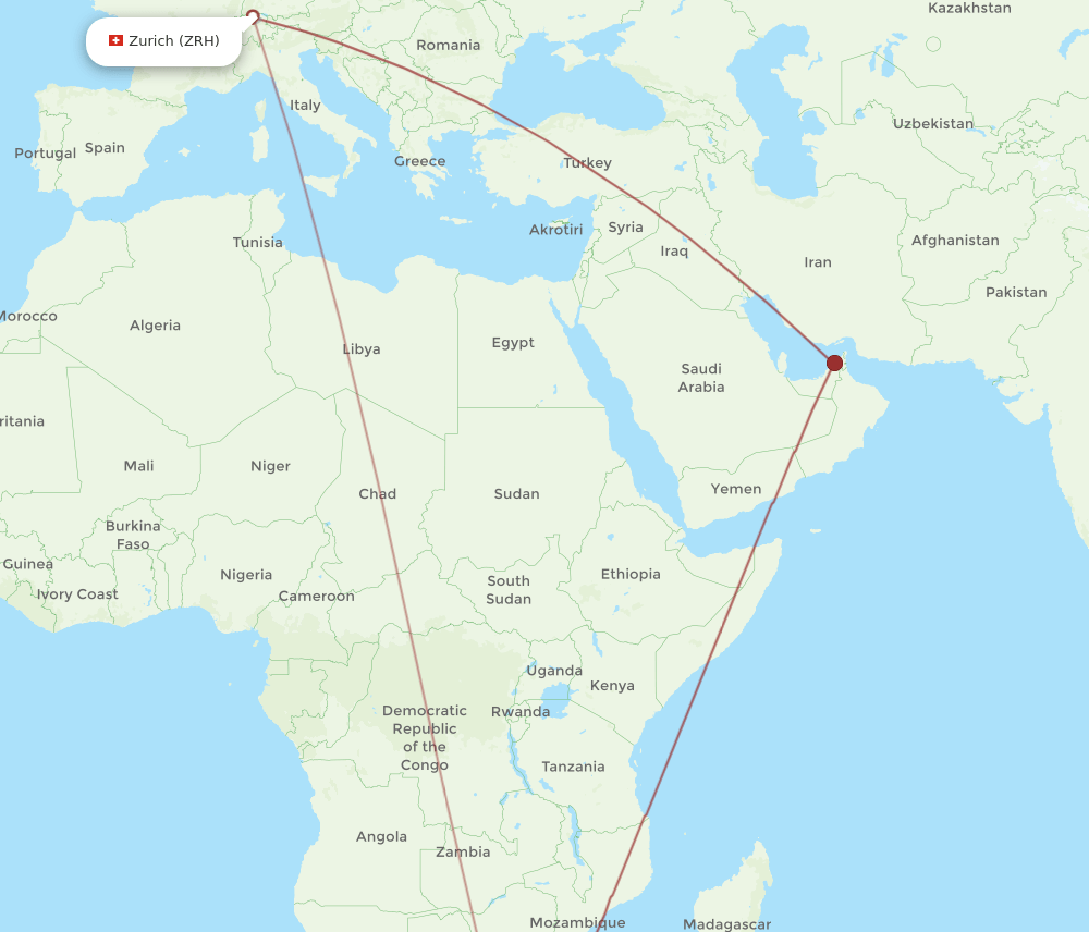 DUR-ZRH flight routes