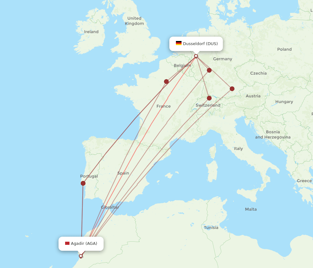 DUS-AGA flight routes