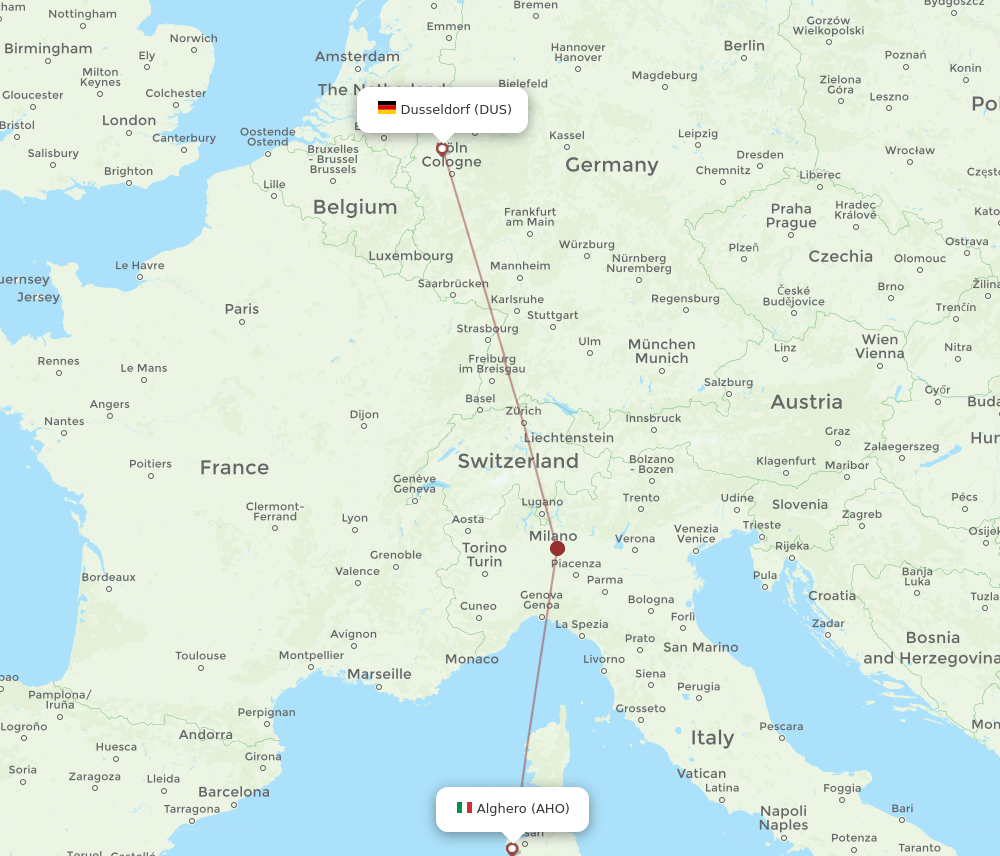 Alghero - Dusseldorf route map and flight paths