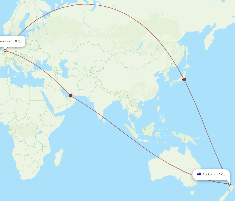 DUS to AKL flights and routes map