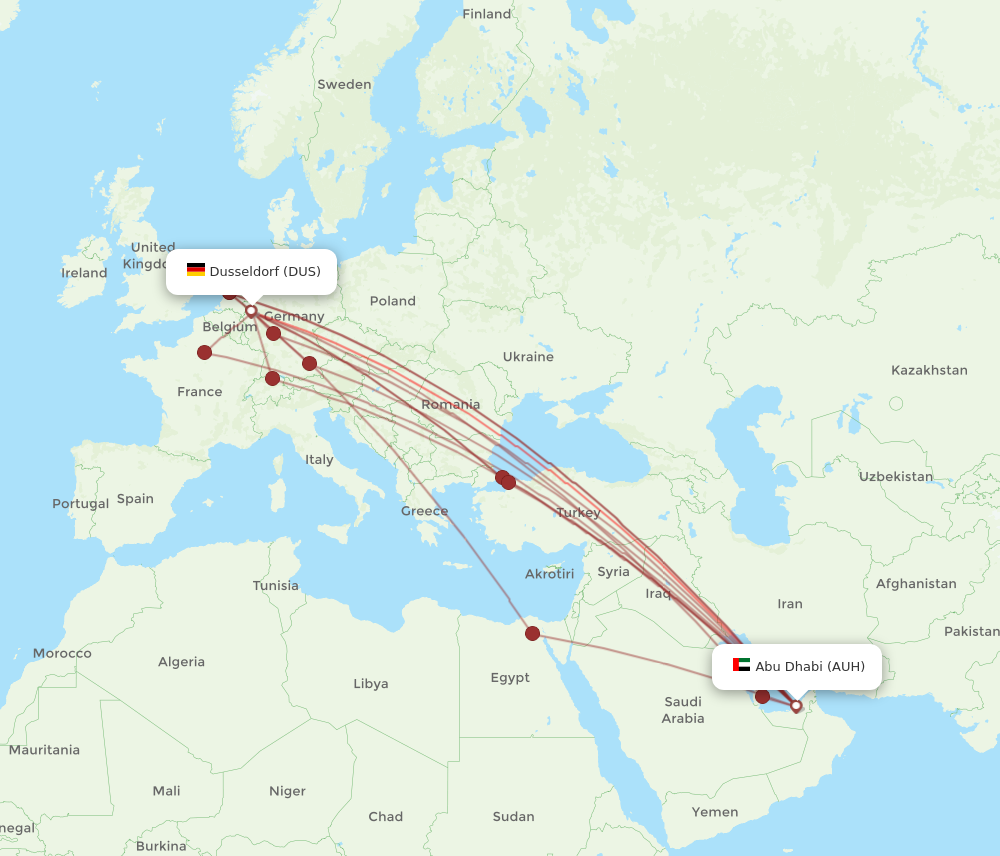 DUS to AUH flights and routes map