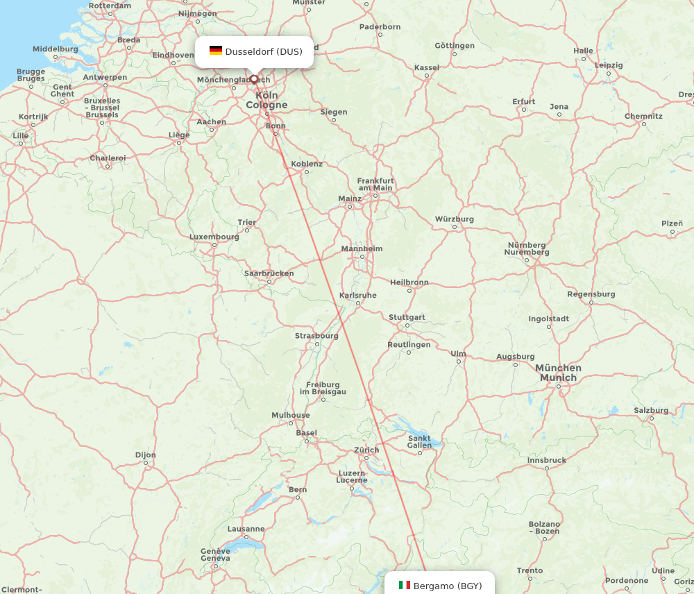Dusseldorf - Milan route map and flight paths