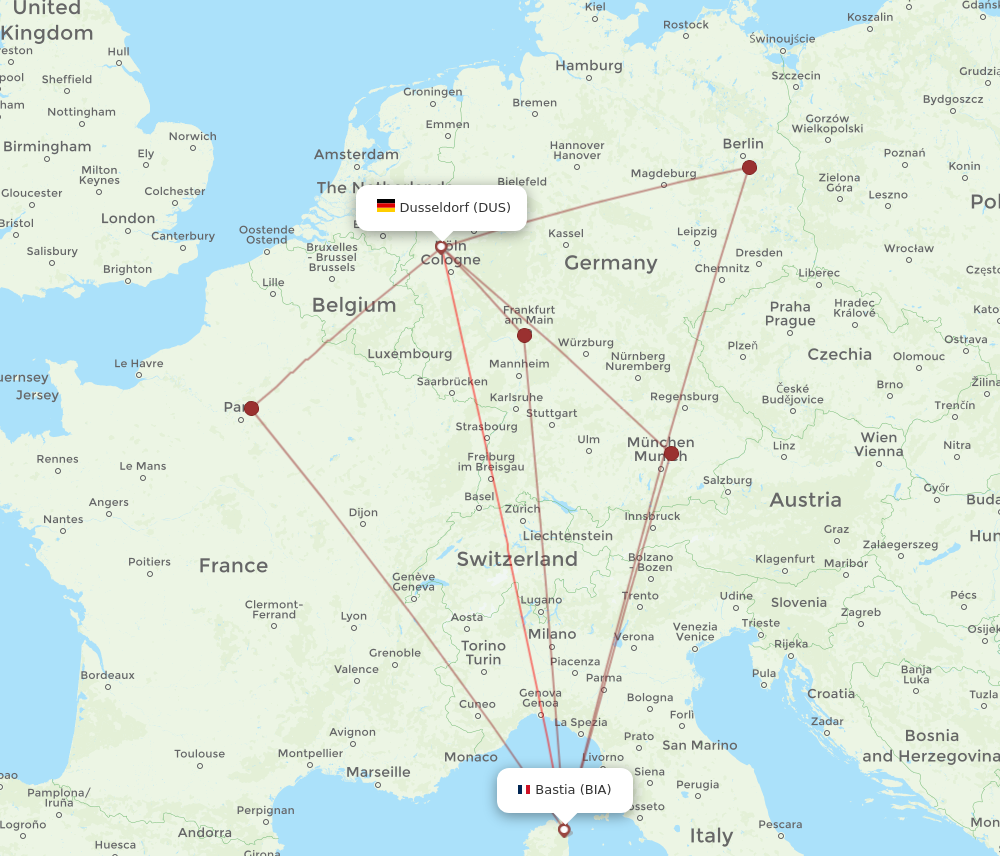 DUS to BIA flights and routes map