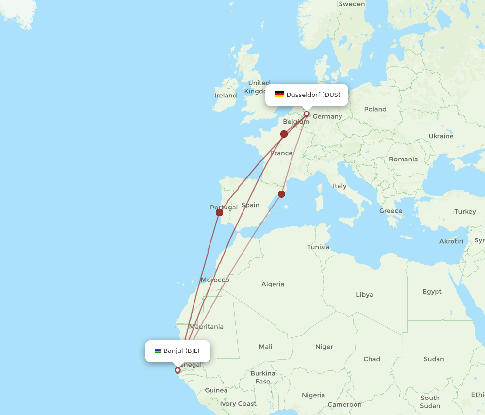 DUS-BJL flight routes