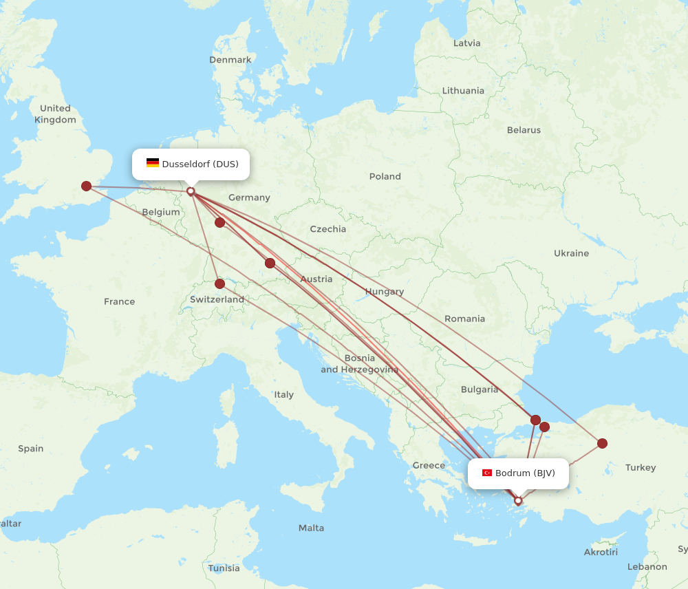 DUS to BJV flights and routes map