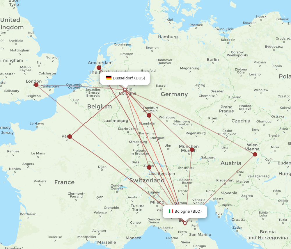 DUS to BLQ flights and routes map