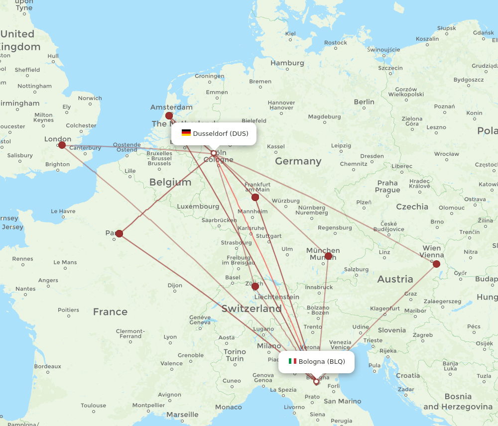 DUS-BLQ flight routes