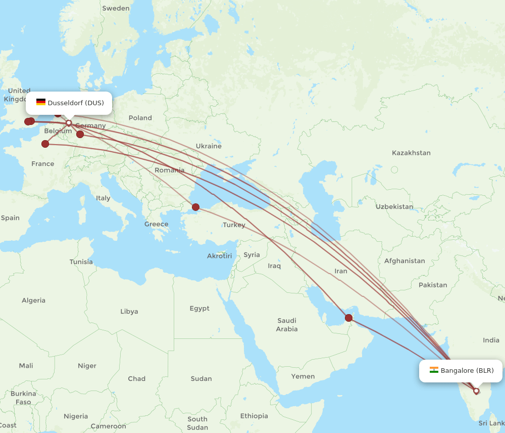 DUS-BLR flight routes