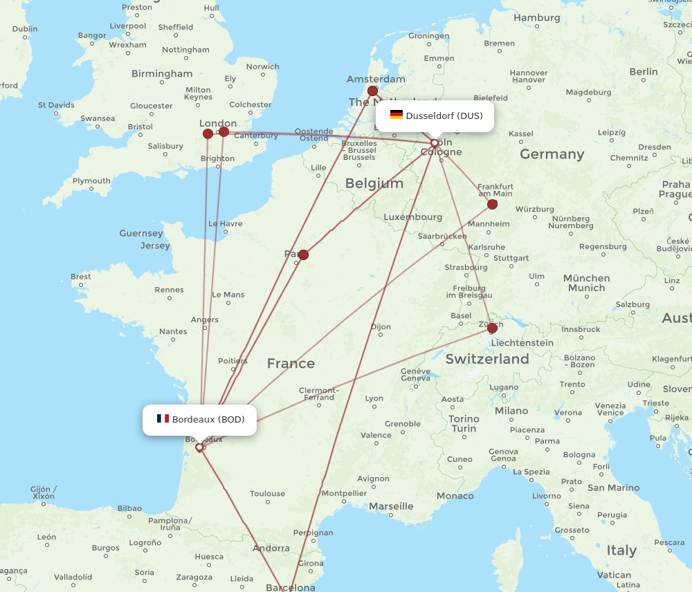 DUS to BOD flights and routes map