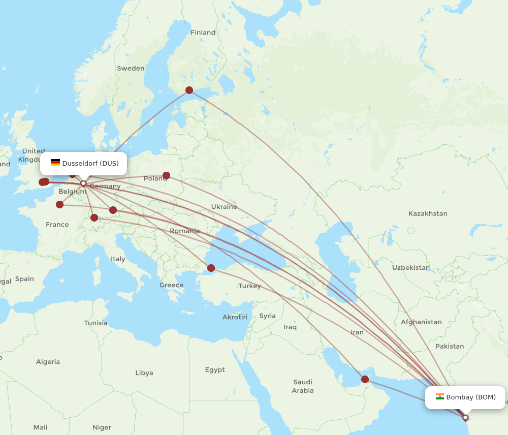 DUS to BOM flights and routes map