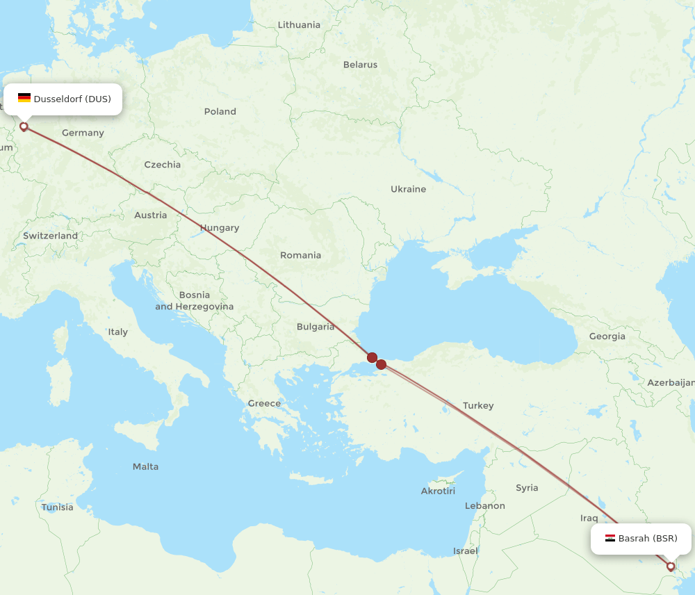 DUS-BSR flight routes