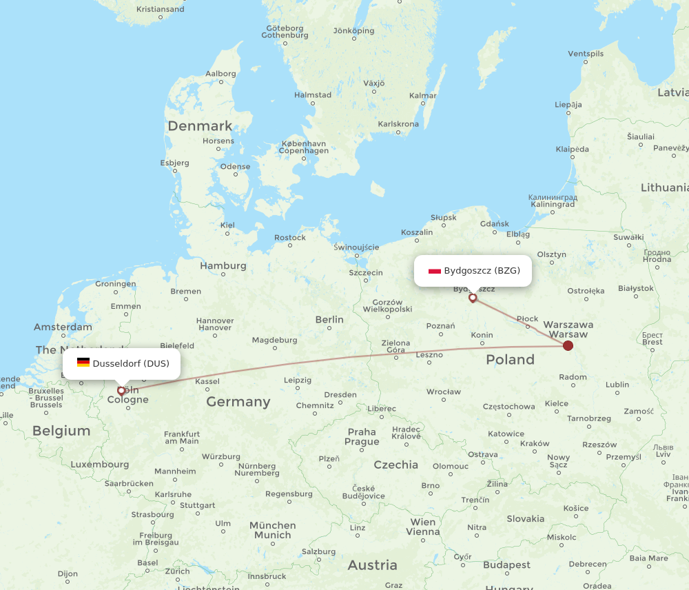 DUS to BZG flights and routes map
