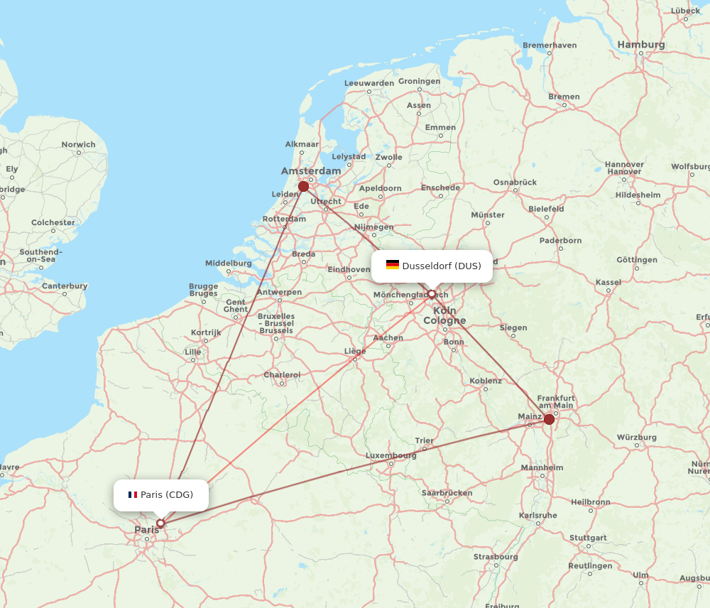 DUS to CDG flights and routes map