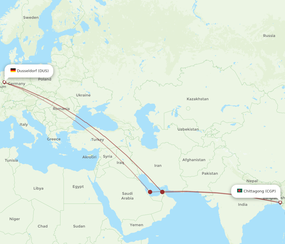 Chittagong - Dusseldorf route map and flight paths