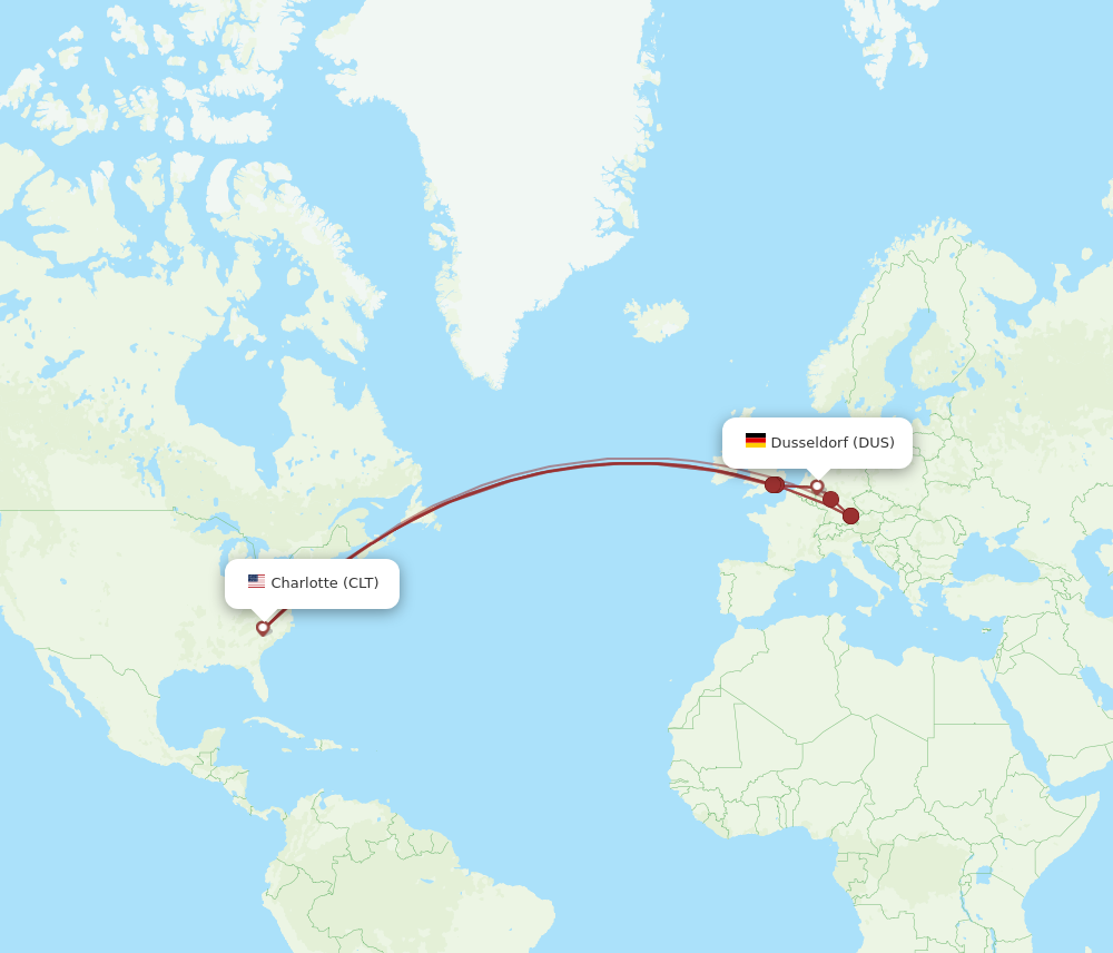 DUS to CLT flights and routes map