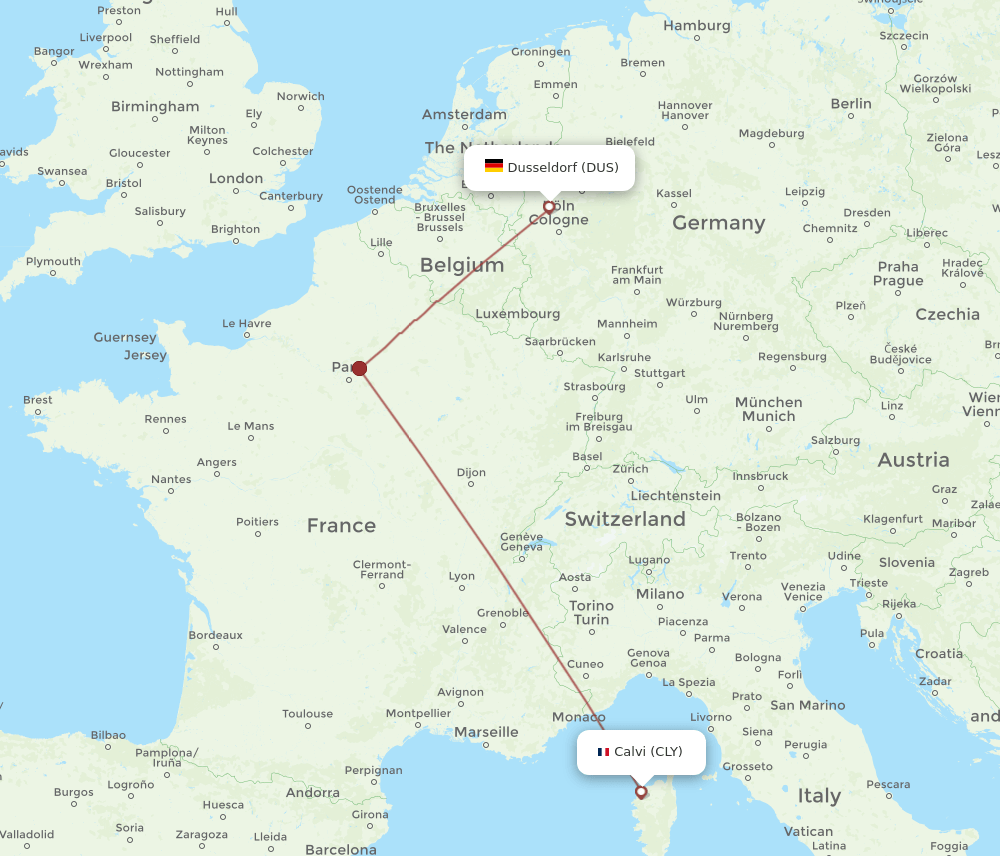 Dusseldorf - Calvi route map and flight paths