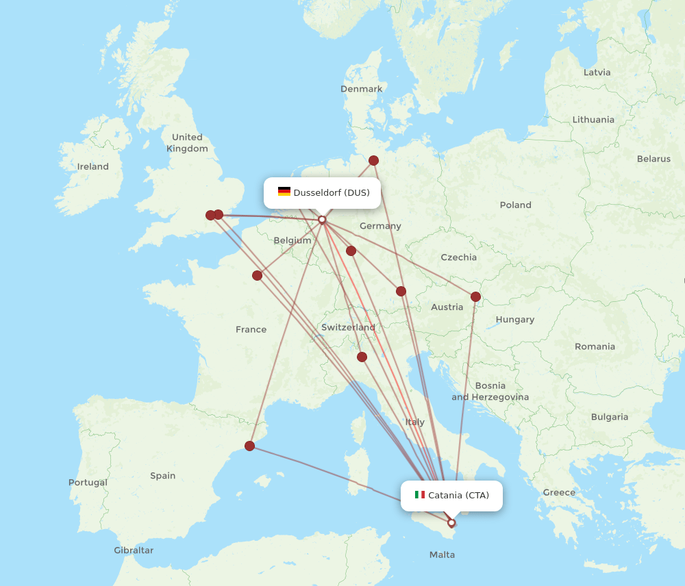 DUS to CTA flights and routes map