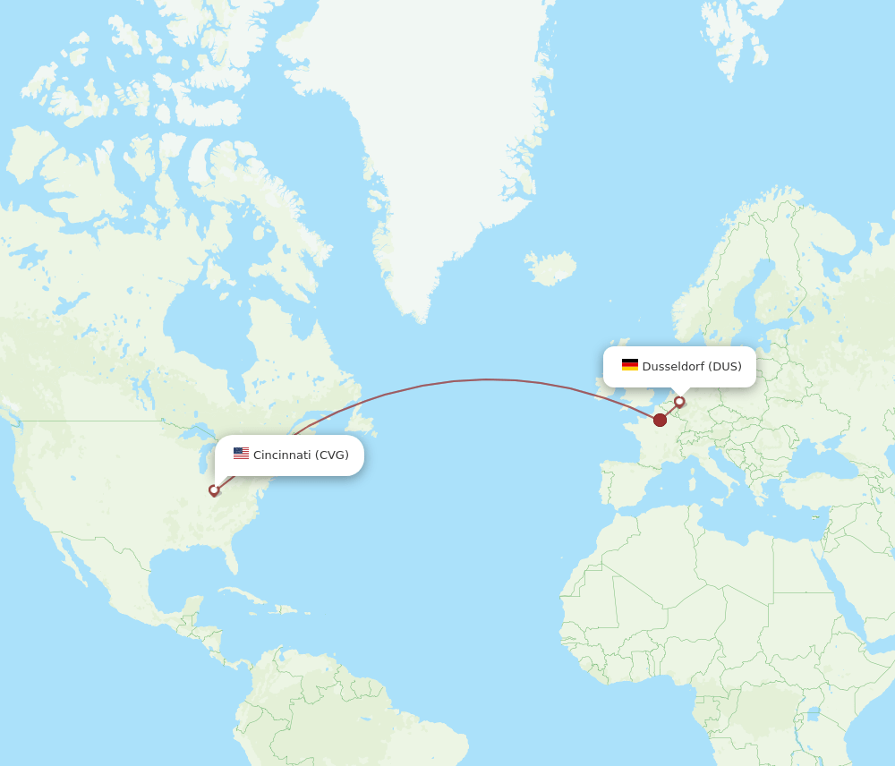 DUS to CVG flights and routes map