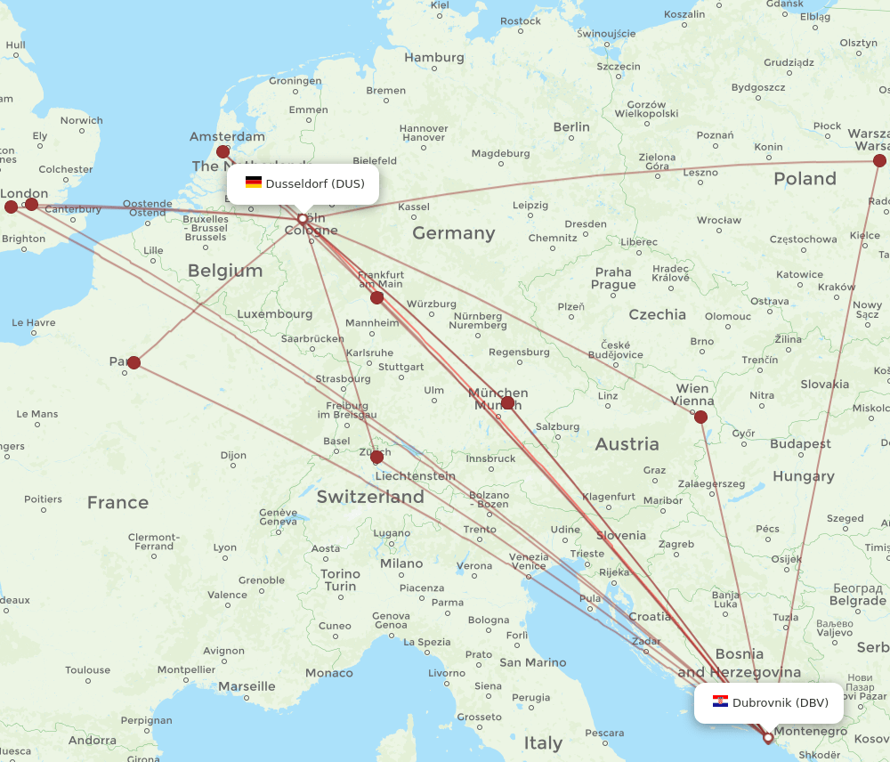 DUS to DBV flights and routes map
