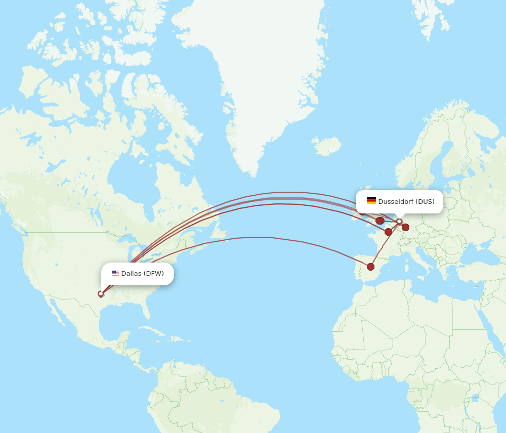 DUS to DFW flights and routes map