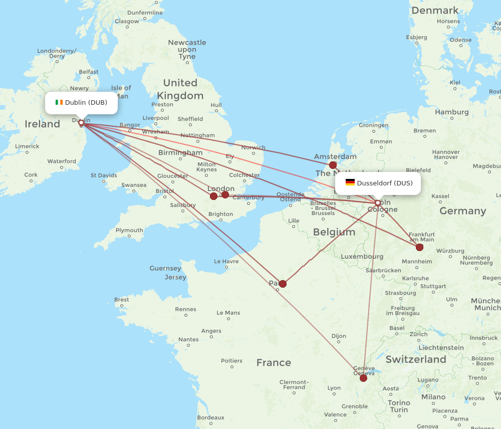 DUS to DUB flights and routes map
