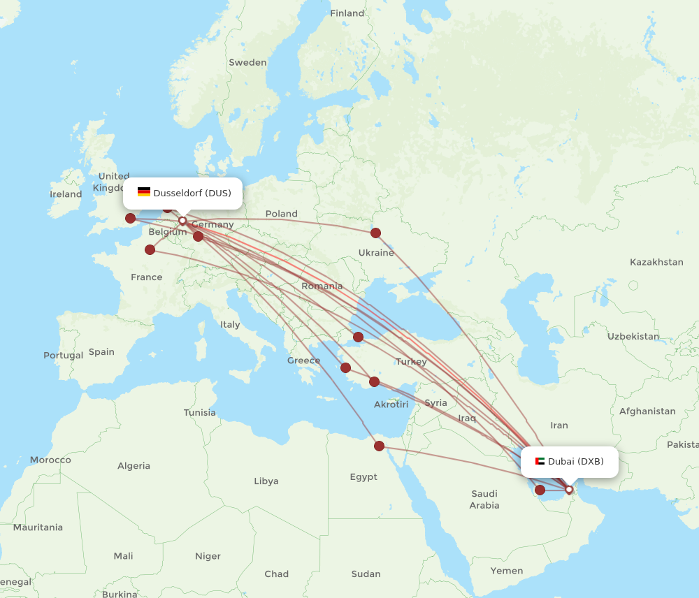 DUS to DXB flights and routes map