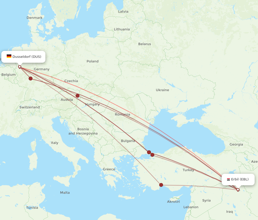DUS to EBL flights and routes map