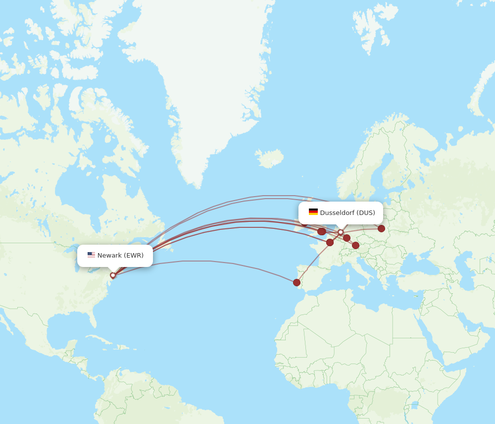 DUS to EWR flights and routes map