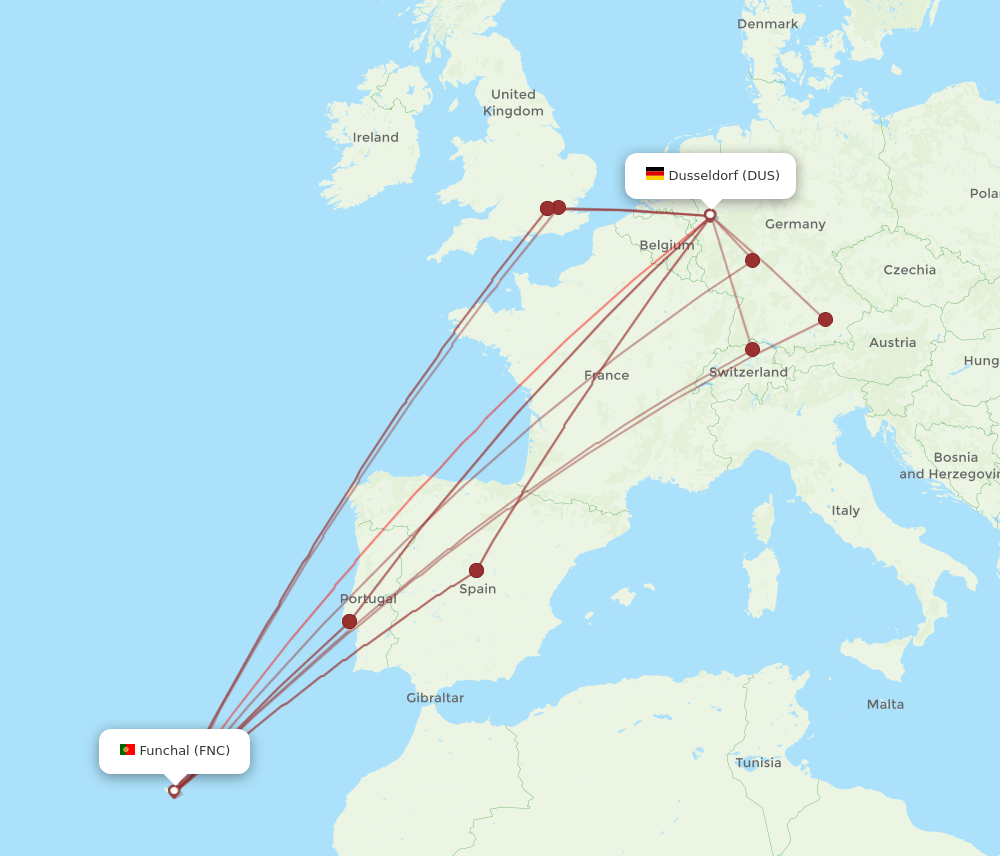 DUS to FNC flights and routes map